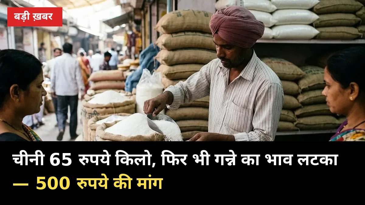 चीनी 65 रुपये किलो, फिर भी गन्ने का भाव लटका — 500 रुपये की मांग