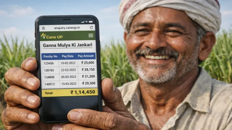 A farmer checking his ganna payment status online on his smartphone using the enquiry.caneup.in portal.