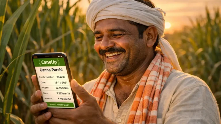 A smiling Indian farmer successfully checks his Ganna Parchi on the working CaneUp app in a sugarcane field.